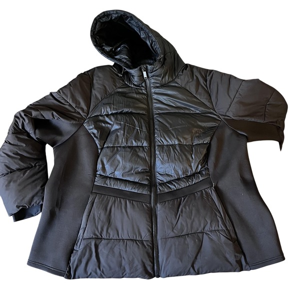 LIVI Jacket Womens 24 Black Quilted Full Zip Hooded Puffer Stretch Panels Winter - Picture 1 of 14